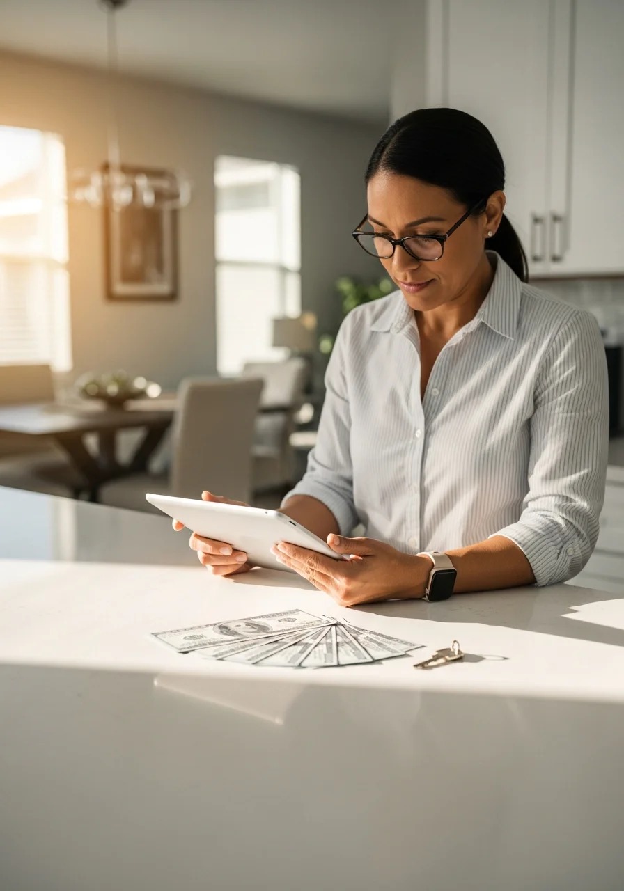 Florida rental owner reviewing the numbers on a tablet at her kitchen counter
