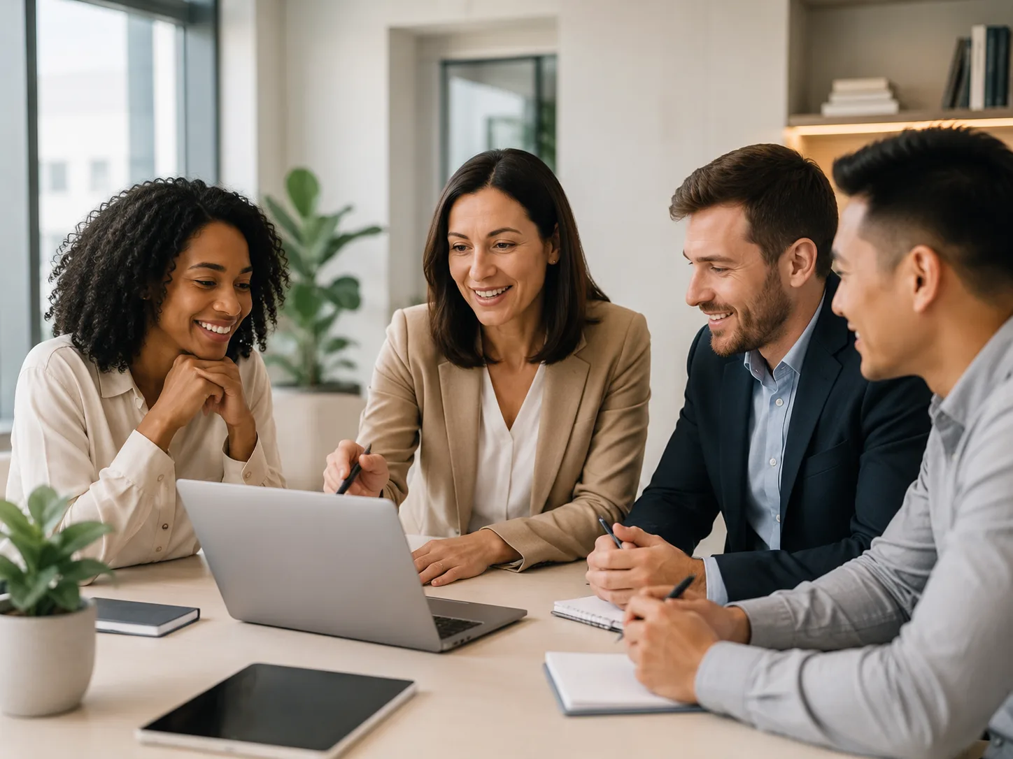 Team of agents collaborating around a laptop to build their referral network