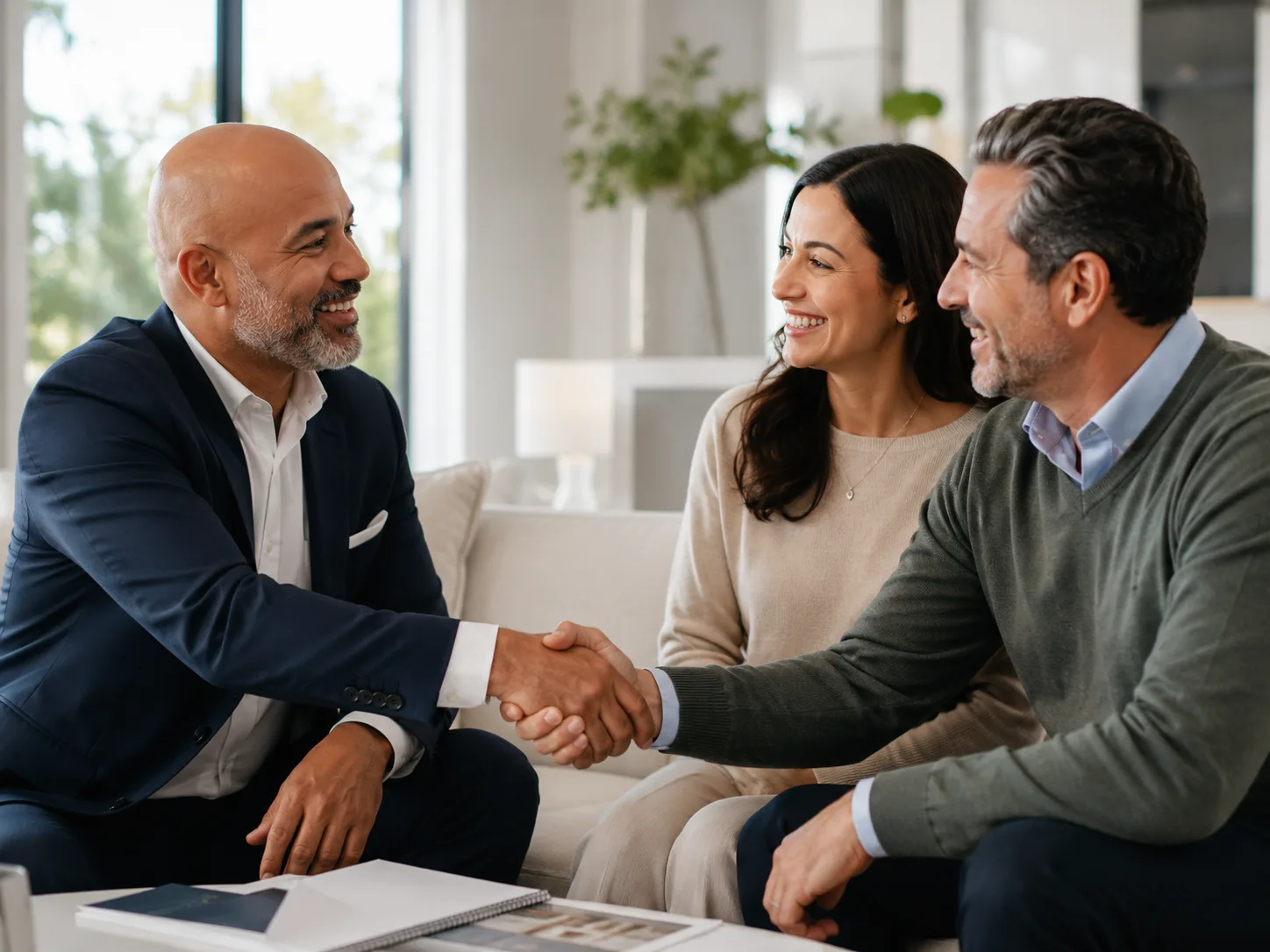 Partner agent shaking hands with a buyer couple after a referral