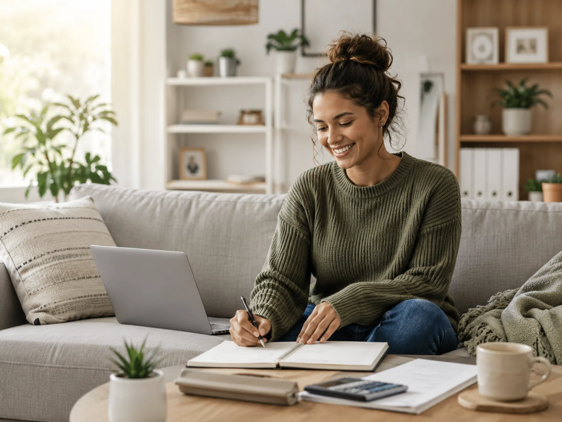 Renter at home planning her budget with a notebook and laptop