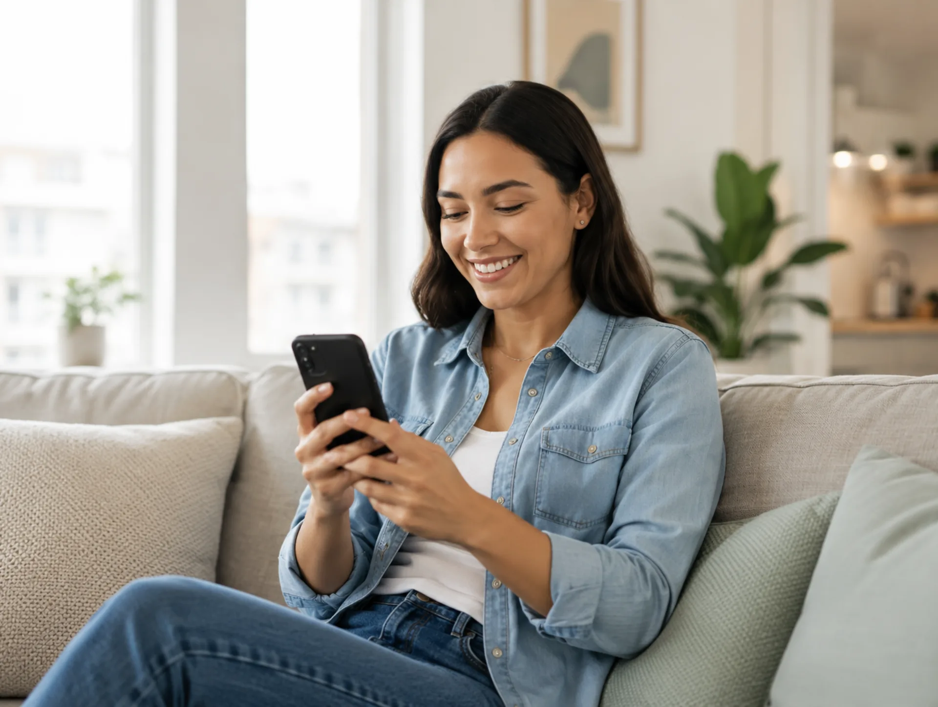 Resident on her couch using the resident portal on her phone