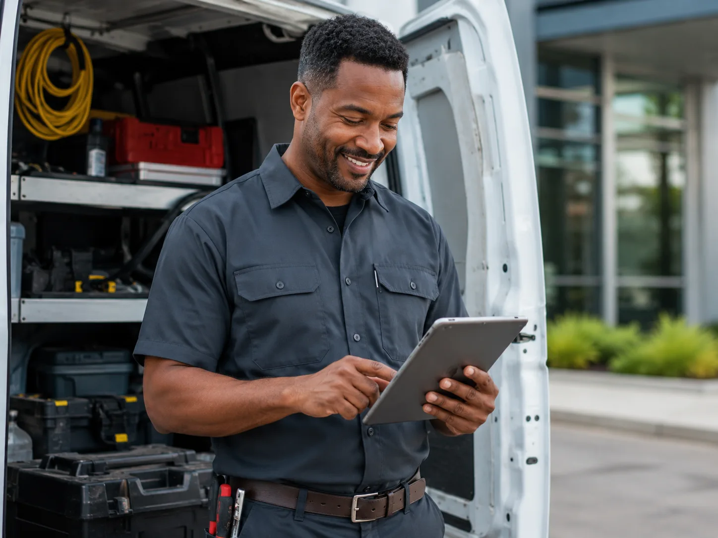 Preferred vendor checking work orders on a tablet by his service van